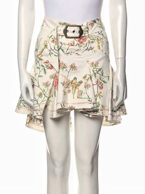 Just Cavalli Cream Floral Bird Print Tiered Cute Mini Skirt with Belt 4